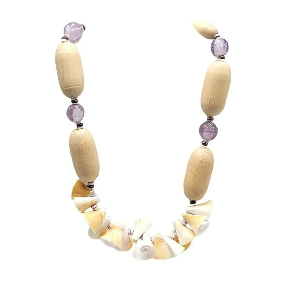 Miriam Haskell Shell Wood Purple Molded Glass Bead Necklace Choker Vintage 17"